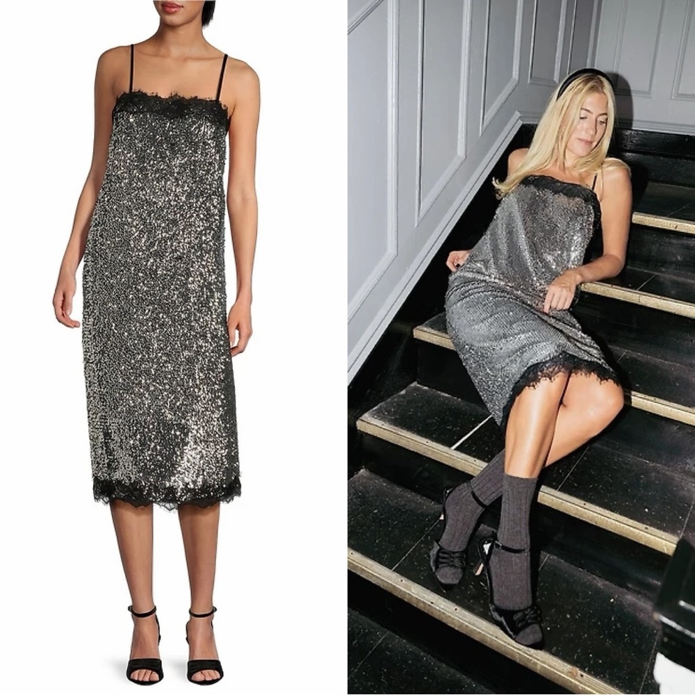 NWT Gianni Bini x Lilly Sisto Allegra Sequin Lace Trim Midi Slip Dress 8